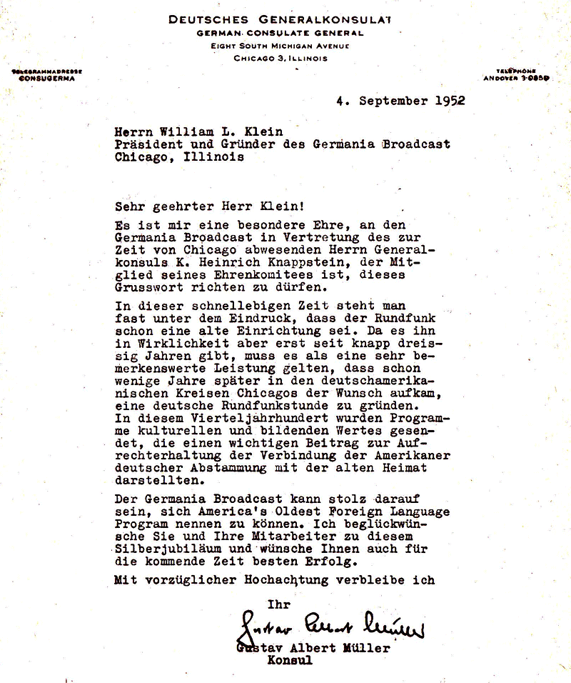 Letter of Congratulations from German Consulate in Chicago
